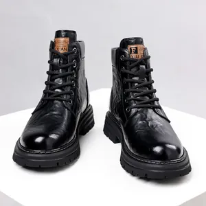 Men's classic black leather Martin boots for winter with warm lining and thick sole