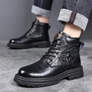 Classic black men's leather Martin boots with thick rubber soles and lace-up design.