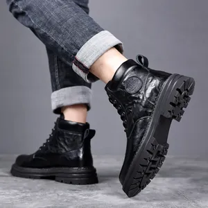Men's retro black leather Martin boots with thick lug sole for winter fashion