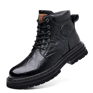 Retro black leather men's Martin work boots designed for winter motorcycle fashion
