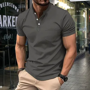 Men's athletic slim fit stand collar polo shirt with chest pocket in charcoal grey finish