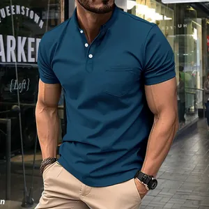 Close-up of men's slim fit blue polo shirt with stand collar and pocket