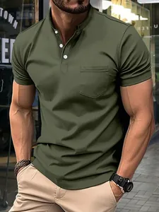 Men's Waffle Fabric Stand Collar Short Sleeve T-Shirt American Heavyweight Slim Fit Muscle Top With Chest Pocket Casual Sport Henley