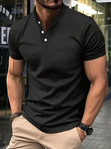 Professional slim fit men's muscular black t-shirt featuring a stand collar and chest pocket.