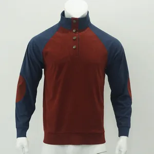 Detail view of men's casual stand collar corduroy sweatshirt with raglan sleeves.
