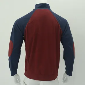 Back view of men's color block corduroy sweatshirt with raglan sleeves and stand collar