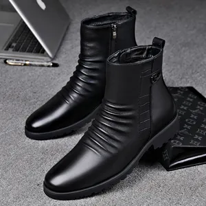 Heren Koeienhuid Leer Hoge Martin Boots Casual Business Mode Zijrits Warme Pluche Voering Antislip Rubberen Zool Laarzen