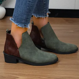 Elegante dames enkellaarsjes in groen en bruin patchwork met rits aan de zijkant.