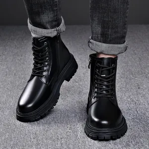 High-quality black leather Martin boots with side zipper and thick sole for men's fashion