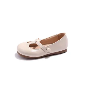 Classic cream Mary Jane shoes for girls featuring a round toe design and anti-slip rubber sole