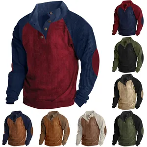 Detail view of men's corduroy patchwork sweatshirt showing various color options