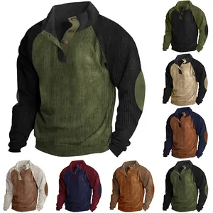 Men's corduroy raglan sweatshirt with stand collar and elbow patches in various colors