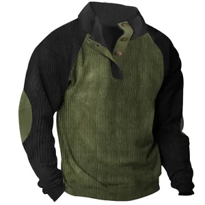 Detailed view of men's corduroy raglan sweatshirt with buttons and stand collar
