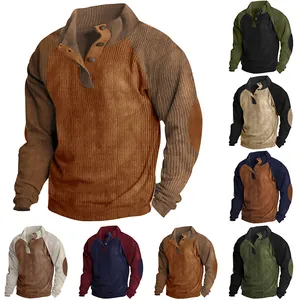 Multi-color display of men's corduroy sweatshirts with raglan sleeves and elbow patches.