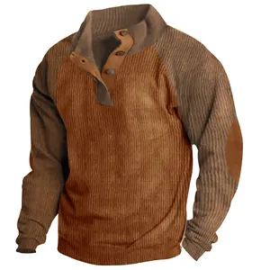 Men's casual stand collar corduroy sweatshirt with raglan sleeves and contrast colors.