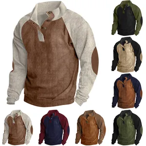 Display of multi-color casual men's corduroy sweatshirts with stand collar and elbow patches.