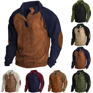 Detailed view of men's corduroy color-block sweatshirts with stand-collar designs