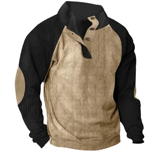 Detail of men's slim fit corduroy sweatshirt with raglan sleeves and stand collar