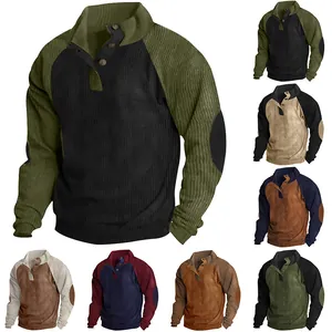 Men's corduroy slim fit sweatshirt with stand collar and contrast raglan sleeves details