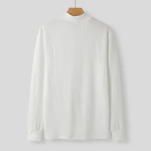 Back view of men's mock neck white T-shirt featuring unique water ripple texture