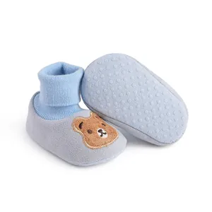 Soft sole cotton baby indoor shoes with cute bear embroidery and anti-slip grip