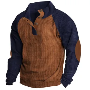 Casual men's color-block corduroy sweatshirt featuring a stand collar and raglan sleeves