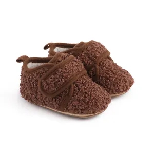 Cozy brown fuzzy fleece baby winter walking shoes with velcro strap