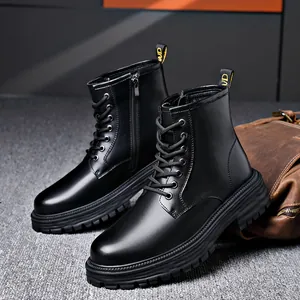 Men Fashion Leather Martin Boots Lace-up Side Zipper Work Boots Non-slip Thick Sole Motorcycle Boots Casual High Top Shoes