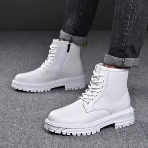 Men's stylish white leather Martin boots featuring a side zipper and thick non-slip sole