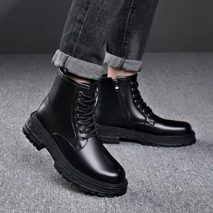 Stylish black lace-up Martin boots for men featuring thick soles and side zipper closure