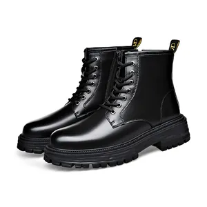 Classic men's black leather Martin boots with convenient side zipper and durable thick sole