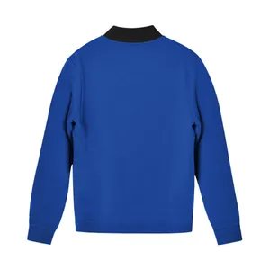 Vista posterior de la chaqueta bomber azul real para hombre con cuello negro