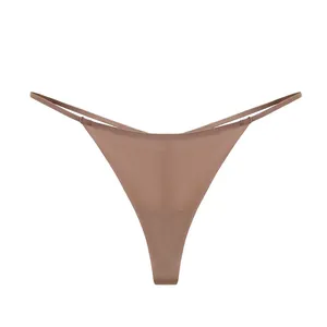Naadloze T-back string met fijne bandjes in taupe bruin, minimalistisch ondergoed
