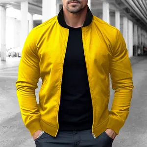Vista detallada de una chaqueta bomber amarilla vibrante para hombre con cuello negro.