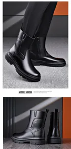 Vues détaillées de bottines en cuir noir pour hommes avec fermeture éclair et semelle épaisse.