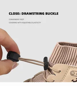 Close-up detail of adjustable drawstring buckle closure on men's knit sock boots