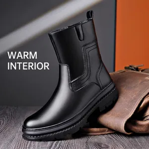 Bottes Martin en Cuir de Style Britannique pour Hommes Fermeture Éclair Latérale Bottes d'Outillage Hautes Noir Chaud Hiver Chaussures de Travail