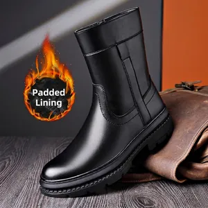 Botas Martin de Cuero Genuino para Hombre Estilo Británico Invierno Cálido Forro de Felpa Botas Chelsea Cremallera Lateral Suela Gruesa Botas Altas