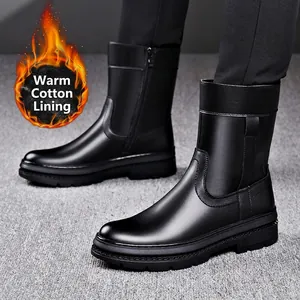 Botas altas de cuero negro para hombre con forro de lana cálida y estilo británico