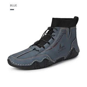 Detailed side view of blue men's casual mid-top octopus martin boots with sock cuff
