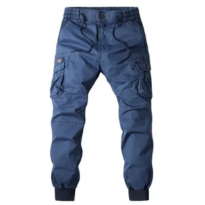 Fashionable navy blue cargo jogger pants for men with multi-pockets and drawstring waist