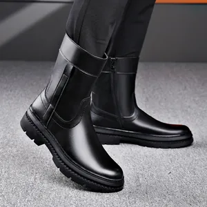 Botas altas de cuero negro para hombre con cremallera lateral y suela de goma gruesa