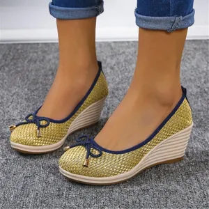 Dames Wedge Hakken Canvas Geruit Geweven Peep Toe Platform Slip On Loafers Strik Decor Casual Schoenen Grote Maten