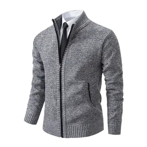 Men's casual stand collar zip-up knitted cardigan jacket in grey marl for winter