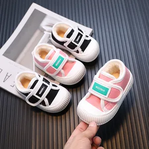 Kids Fleece Lined Canvas Sneakers Warm Winter Toddler Board Shoes Pink Black Anti Slip Rubber Sole Velcro Casual Trainers