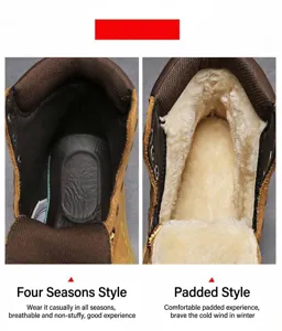 Detail view comparing standard and fleece-lined interiors of yellow work boots