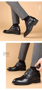 Gedetailleerde weergave van zwarte brogue schoenen van rundleer met verhoogde zool