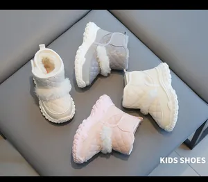 Collection of waterproof quilted winter snow boots for kids with warm faux fur lining.
