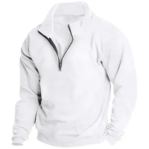 Detailed view of white men's half-zip fleece sweatshirt with a high collar design.