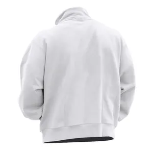 Achteraanzicht van een casual grijs heren sweatvest met halve rits en kraag